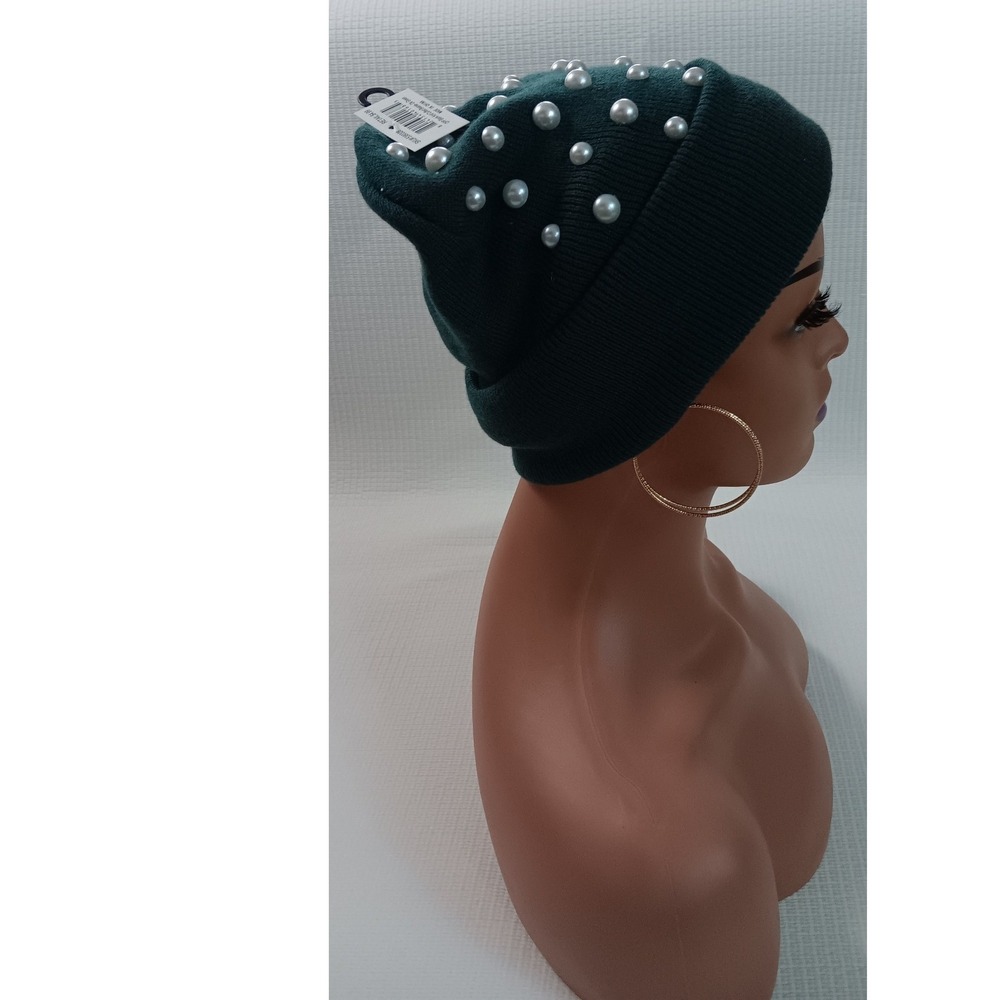 Dark Green Knit Cuffed Beanie Hat Faux Pearl Bead Embellished Winter Cap NEW